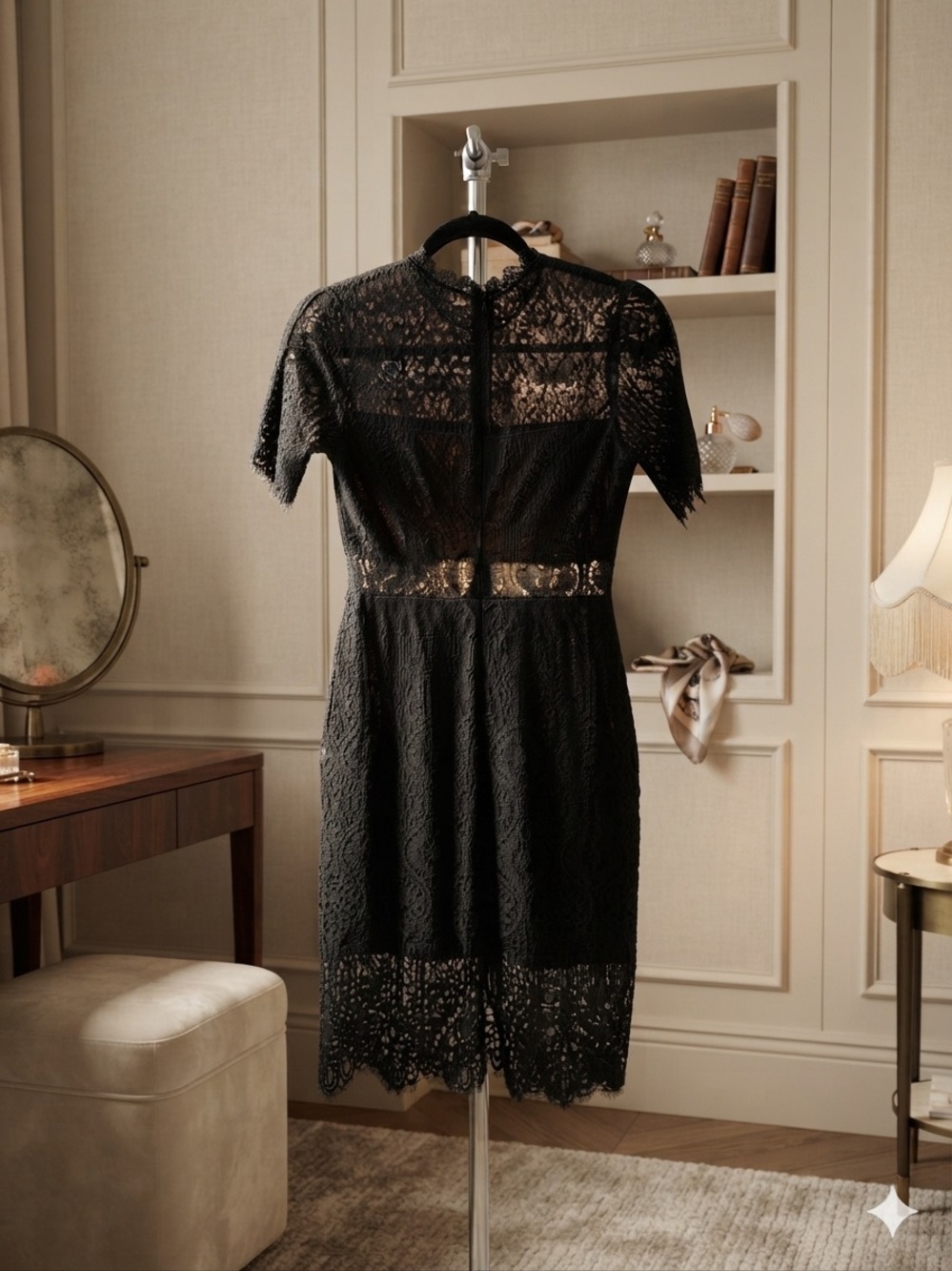 Lulus Black Whimsical Lace Mock Neck Sheath Dress Small EUC - Picture 4 of 14